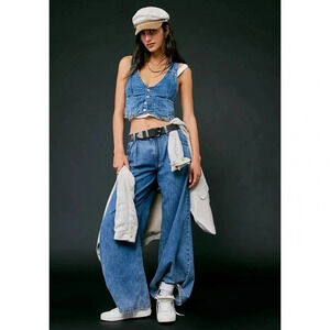 NWT Free People Rider Denim Vest Ser Pants Matching Jean Two Piece Blue Medium